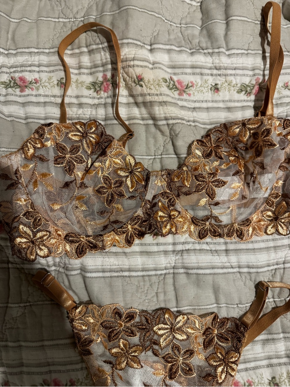 Gold Floral Embroidered Sheer Lace Bra & Thong Set - Women Intimates - Picture 2 of 7